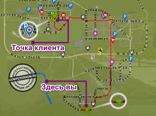 Карта с маршрутом до пассажира